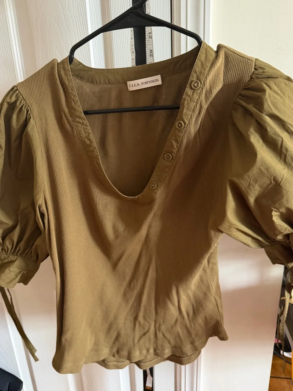 Ulla Johnson Olive Green Puff-Sleeve V-Neck Blouse